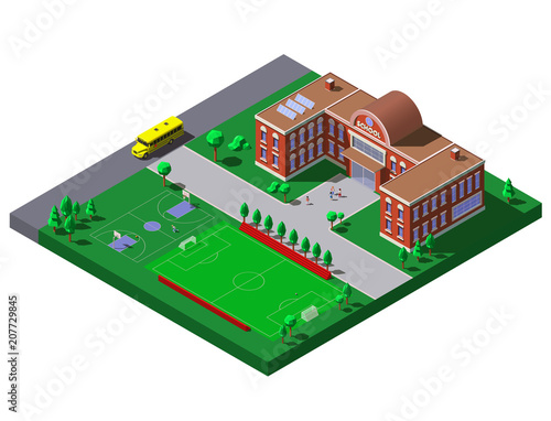 School building with soccer, tennis field and school bus. Vector isometric illustration