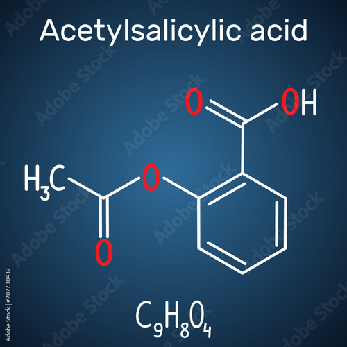 Acetylsalicylic acid (aspirin, ASA) molecule. Structural chemical formula and molecule model on the dark blue background