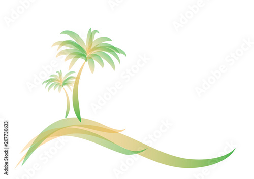 yellow green logo two palm trees on the island on the sea or ocean isolated on white, horizontal vector illustration