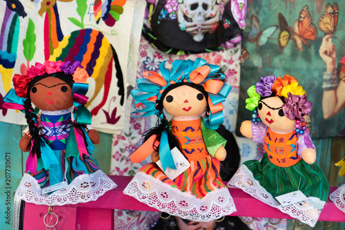Traditional hand-made colorful Mexican dolls