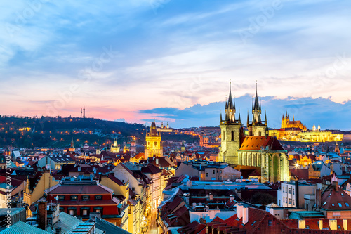 Amazing cityscape view of Prague Castle and church of our Lady Tyn, Czech Republic during sunset time. View from powder tower. World famous landmarks in Europe.
