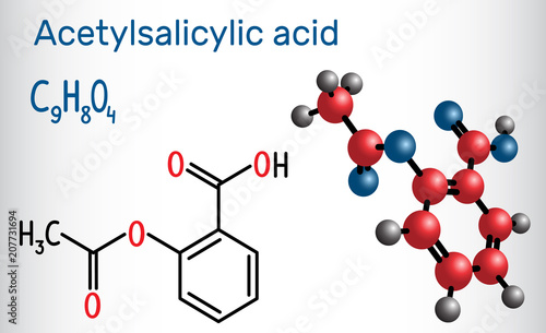 Acetylsalicylic acid (aspirin, ASA) molecule. Structural chemical formula and molecule model