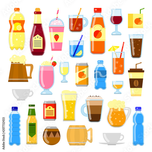 Set of flat liquid drinks.