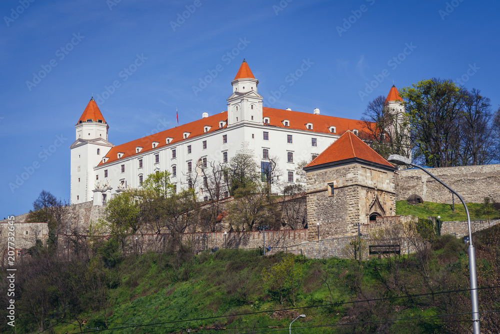 View on the walls of castle, most famous landmark of historic part of Bratislava city, Slovakia