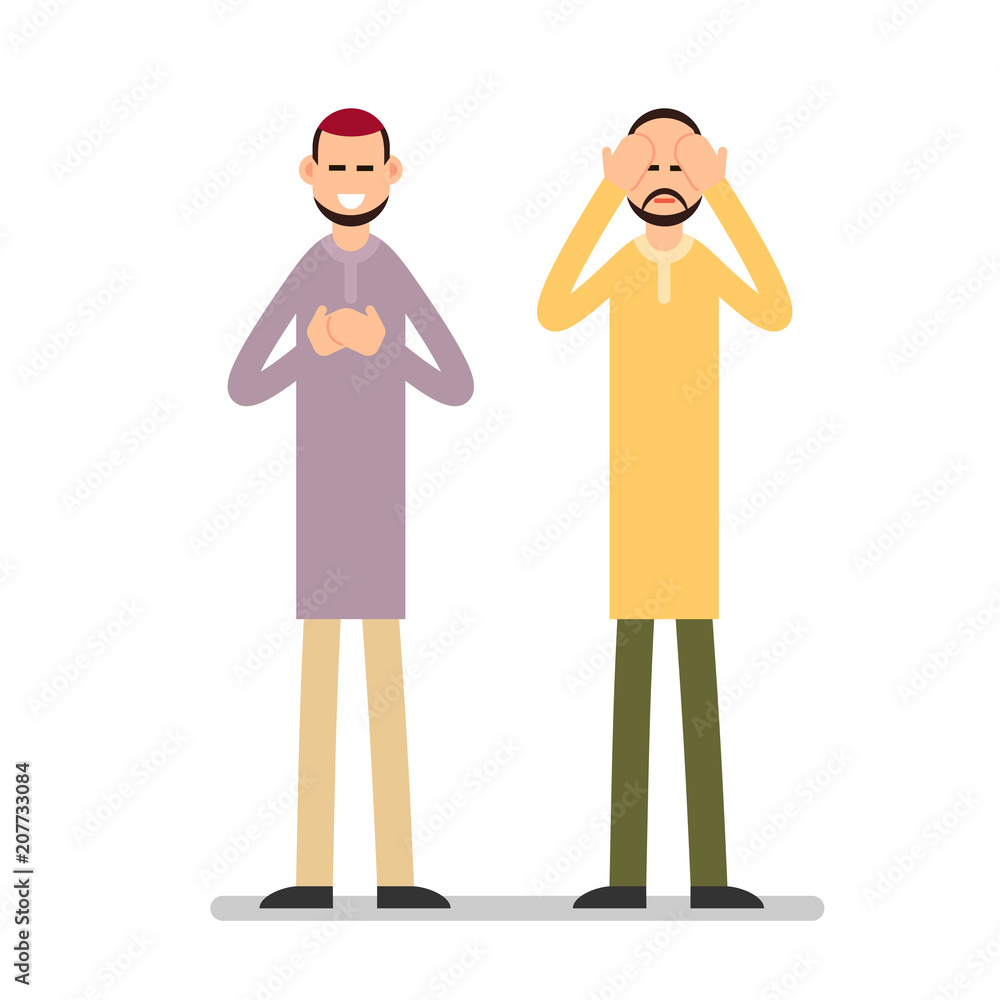 Muslim praying. Two Muslim arabic men in different suit and traditional clothes standing and praying. The performance of Muslim prayer by men with raised hands. Illustration in flat style. Isolated