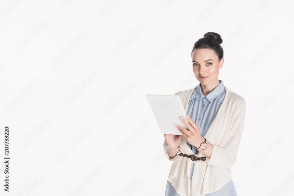 portrait of smiling woman in casual clothing with digital tablet isolated on white portrait of smiling woman in casual clothing with digital tablet isolated on white