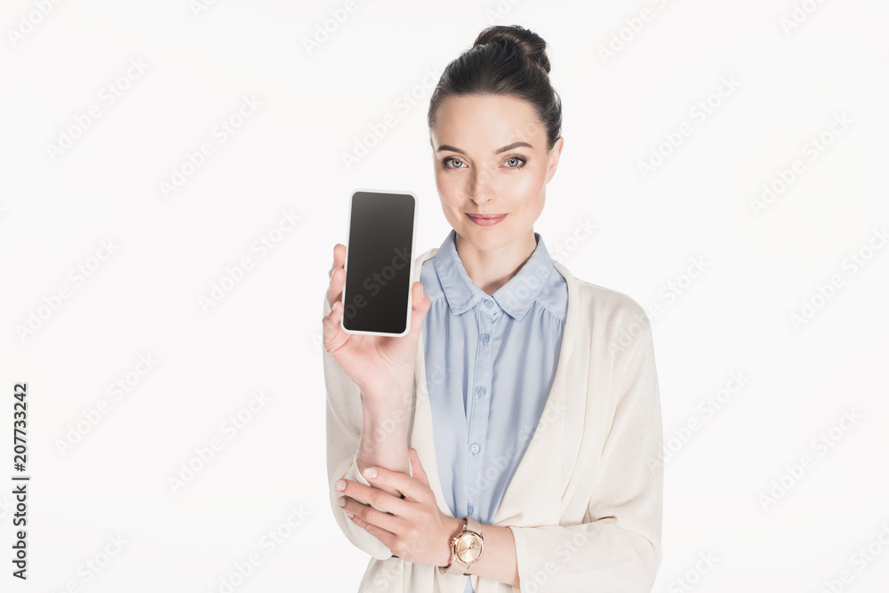 portrait of woman showing smartphone with blank screen isolated on white portrait of woman showing smartphone with blank screen isolated on white