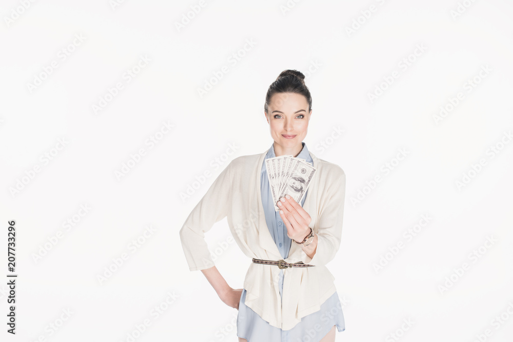 portrait of woman holding dollar banknotes in hand isolated on white portrait of woman holding dollar banknotes in hand isolated on white