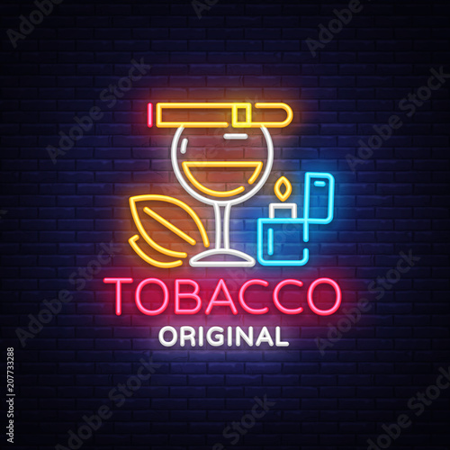 Tobacco shop logo vector. Cigarettes Shop night bright advertising design template. Vector illustration