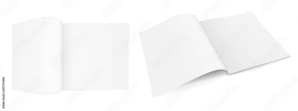 Set of two realistic vector images (layout, mock-up) of an open magazine (booklet, brochure), a perspective view and a top view. The image is created using a gradient mesh. Vector EPS 10. Set of two realistic vector images (layout, mock-up) of an open magazine (booklet, brochure), a perspective view and a top view. The image is created using a gradient mesh. Vector EPS 10.