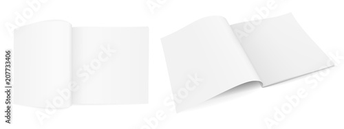 Set of two realistic vector images (layout, mock-up) of an open magazine (booklet, brochure), a perspective view and a top view. The image is created using a gradient mesh. Vector EPS 10.