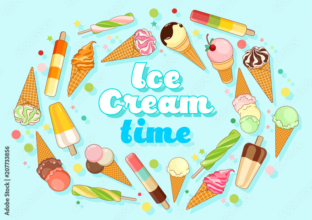 Ice cream poster. Brightly colored ice cream, waffle cones, popsicles on a  beautiful background. Cartoon illustration for web, advertising, banner,  poster, flyer, business card. Vector illustration. Stock Vector | Adobe  Stock