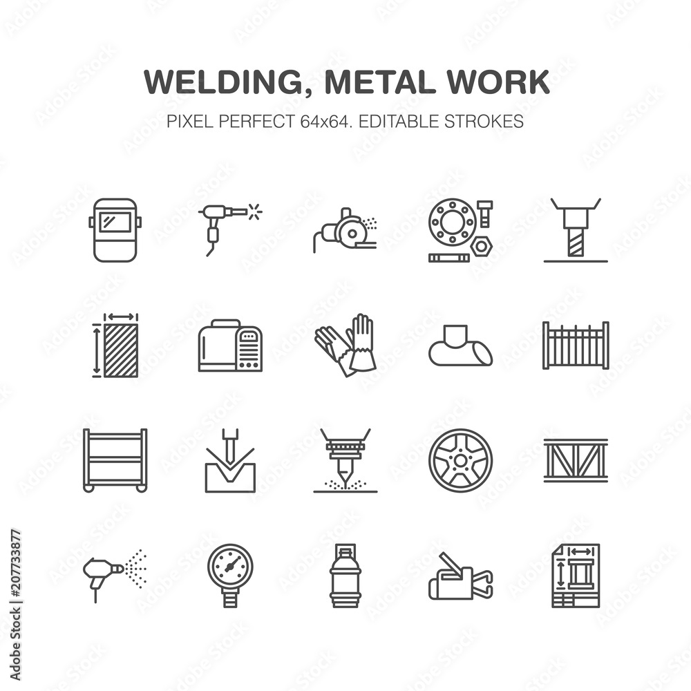 Welding services flat line icons. Rolled metal products, steelwork, stainless steel laser cutting, fabrication, safety equipment. Industry outline sign for welder. Pixel perfect 64x64.