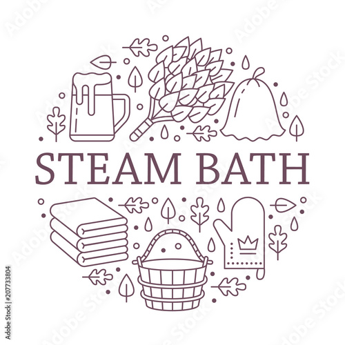 Sauna, steam bath room banner illustration with flat line icons. Bathroom equipment birch, oak broom, bucket, beer. Finnish, russian banya. Circle template thin linear signs spa poster.