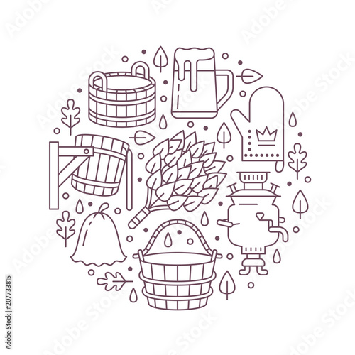 Sauna, steam bath room banner illustration with flat line icons. Bathroom equipment birch, oak broom, bucket, beer, samovar. Finnish, russian banya. Circle template thin linear signs spa poster.