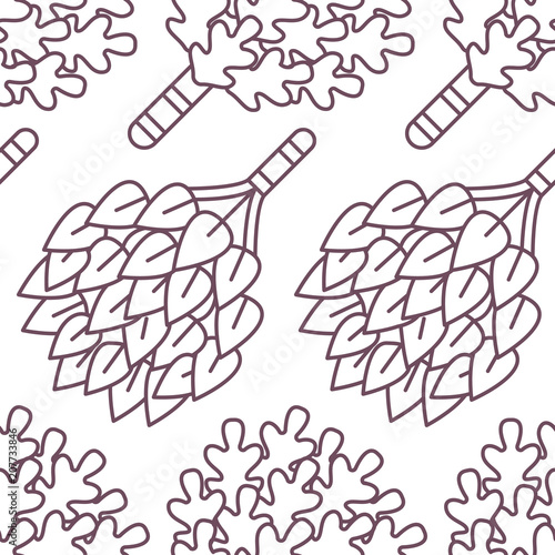 Sauna, steam bath room seamless pattern with line icons.Bathroom equipment birch, oak brooms. Finnish, russian banya. Health care background for spa center.