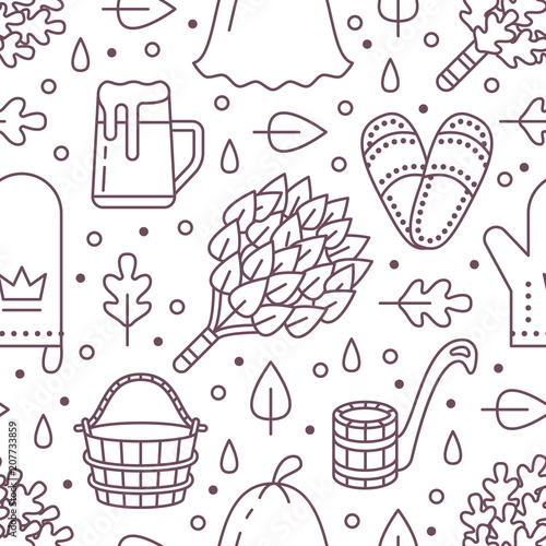 Sauna, steam bath room seamless pattern with line icons.Bathroom equipment birch, oak broom, bucket, beer. Finnish, russian banya. Health care background for spa center.