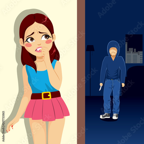 Young scared girl hiding from killer on house