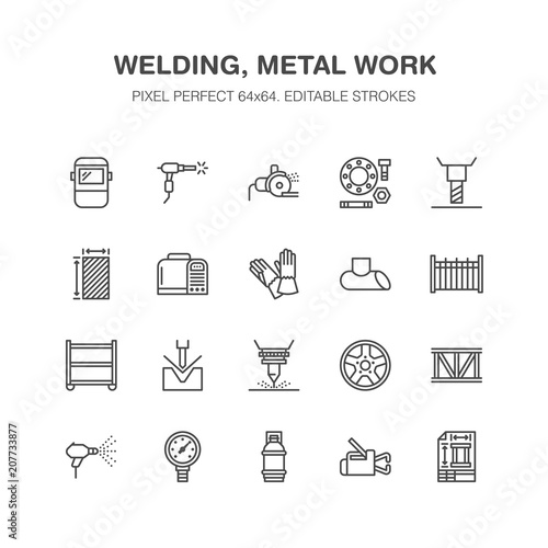 Welding services flat line icons. Rolled metal products, steelwork, stainless steel laser cutting, fabrication, safety equipment. Industry outline sign for welder. Pixel perfect 64x64.