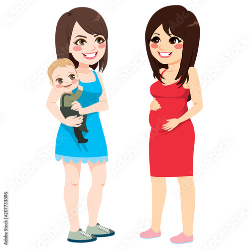 Young mother holding baby and pregnant woman talking happy smiling
