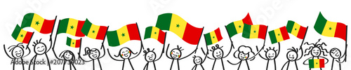 Cheering crowd of happy stick figures with Senegalese national flags, smiling Senegal supporters, sports fans isolated on white background