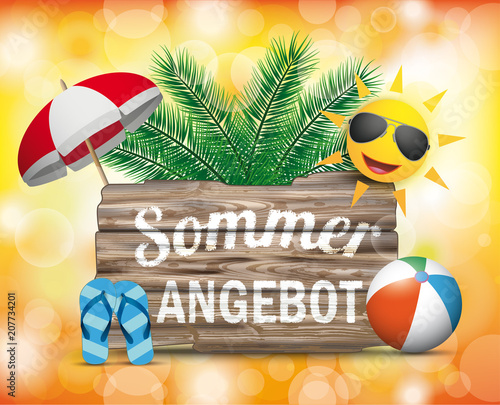 Sommerangebot Holztafel mit Strandschirm, Flipflops, Palmen und Strandball