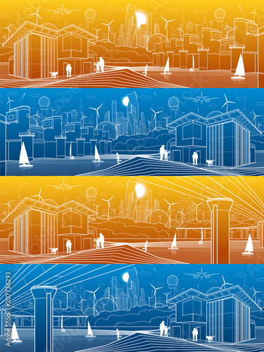 Futuristic City life infrastructure panorama set. Industrial energy illustration. Hydro power plant. River Dam. Big bridge. People walking. Modern houses. Airplane fly. White lines. Vector design art