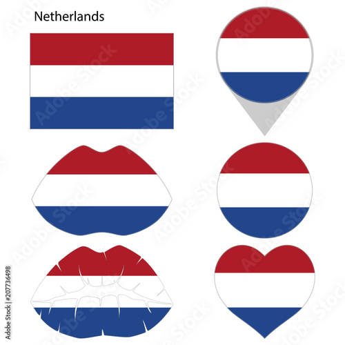Free Download Flag of Netherlands, set. Correct proportions, lips, imprint of kiss, map pointer, heart, icon. Abstract concept. Vector illustration on white background. - GFXLoad