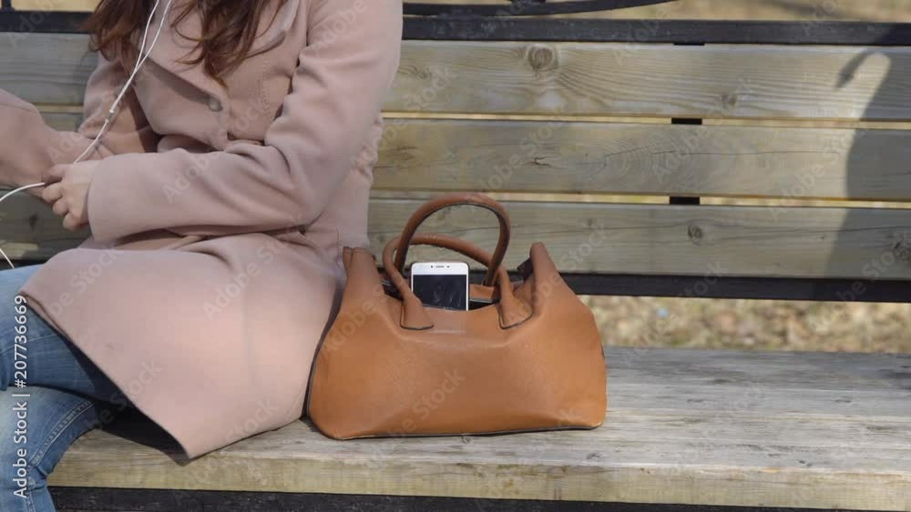 Man steals the phone from a woman's bag in the park. Man steals the phone from a woman's bag in the park.