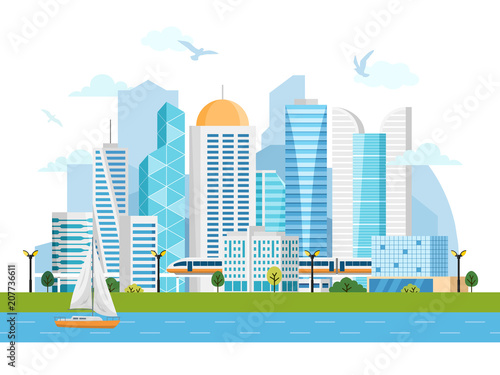 River side landscape with skyscrapers, subway, boat. Vector illustration