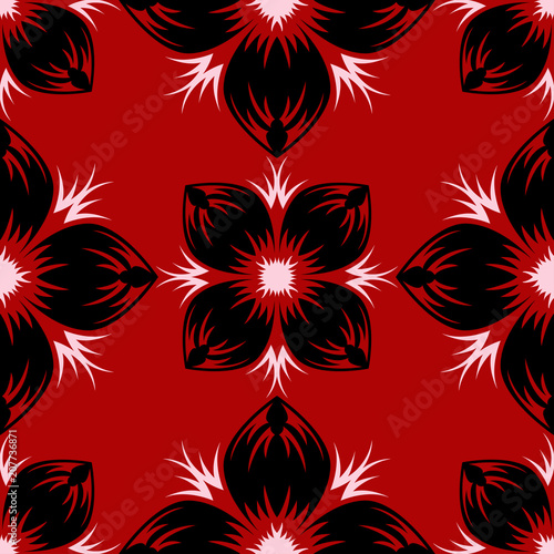Floral seamless pattern. Black and white design on red background