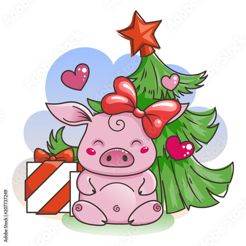 Cute cartoon pig in love. Symbol of New 2019 Year