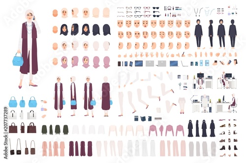 Modern Arab business woman constructor or creation kit. Bundle of female office worker body parts, facial expressions, traditional clothes isolated on white background. Cartoon vector illustration.