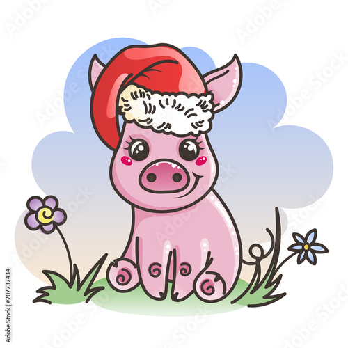 Happy New 2019 Year card with cartoon baby pig. Small symbol of holiday.