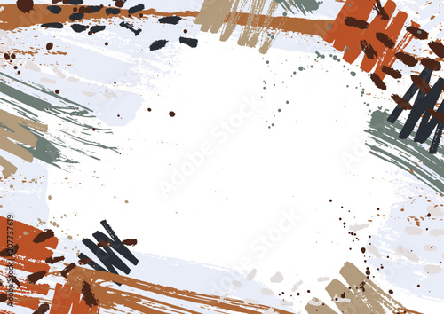 Horizontal backdrop decorated with colorful paint stains, spots, scribble and brush strokes on white background