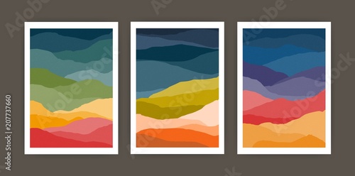 Set of vertical backgrounds or card templates with abstract waves or hills of warm vivid colors. Bundle of bright colored backdrops with curves or layers. Vector illustration in modern art style.