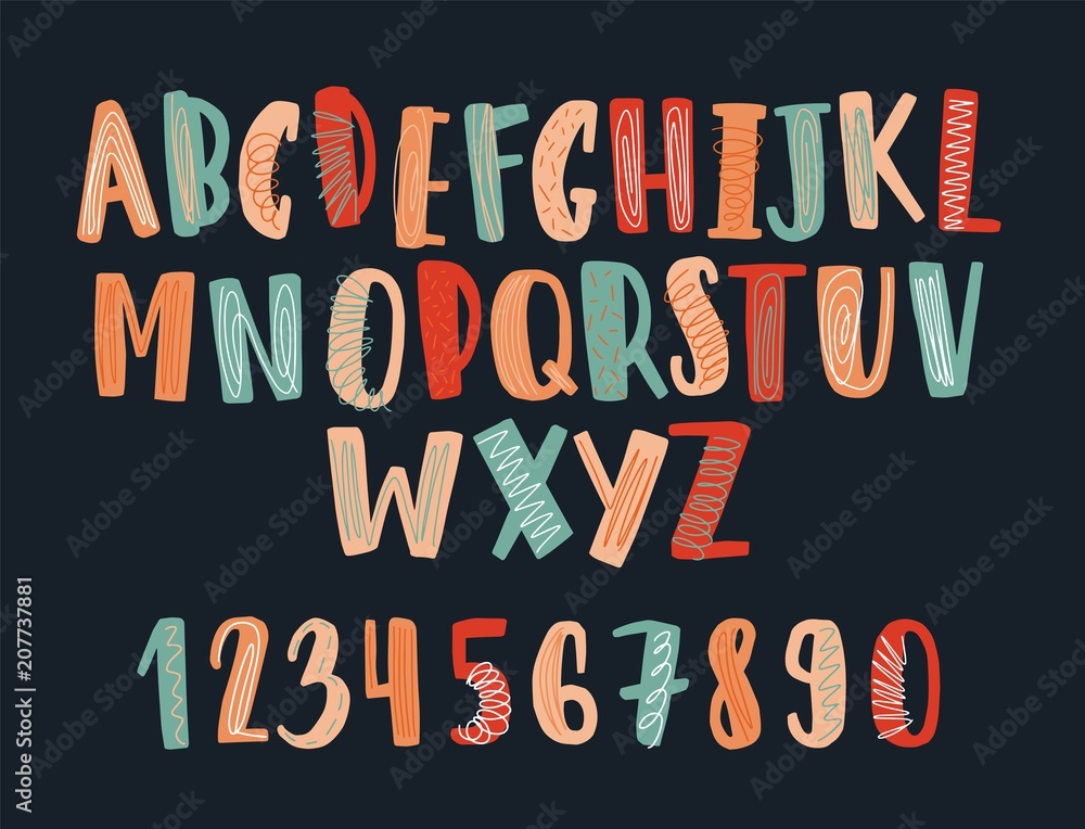Creative hand drawn latin font or childish english alphabet decorated with scribble. Colorful letters arranged in alphabetical order and numbers isolated on black background. Vector illustration.