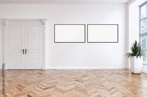 Modern bright interiors empty room with mockup poster frame 3D rendering illustration