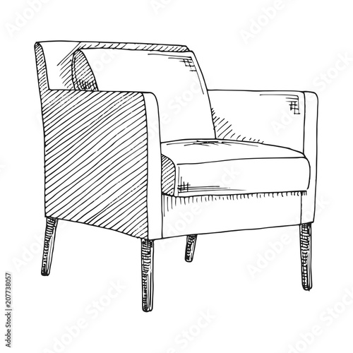 Hand drawn a soft chair with a pillow. Vector illustration in sketch style.