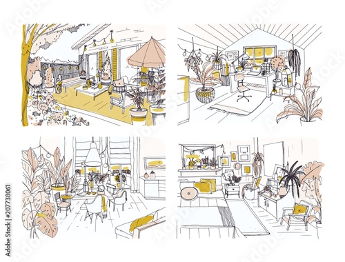 Set of half colored freehand sketches of cozy apartment furnished in Scandinavian hygge style. Bundle of rooms full of stylish furniture. Modern home interior design. Hand drawn vector illustration.
