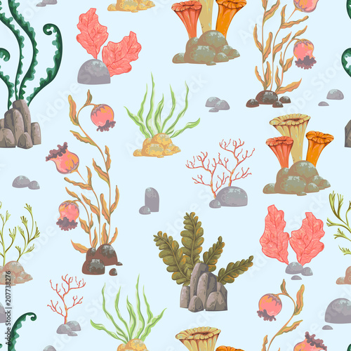 Seamless pattern with sea plants, corals, seaweed and stones. Hand drawn marine flora in watercolor style. Vector illustration 