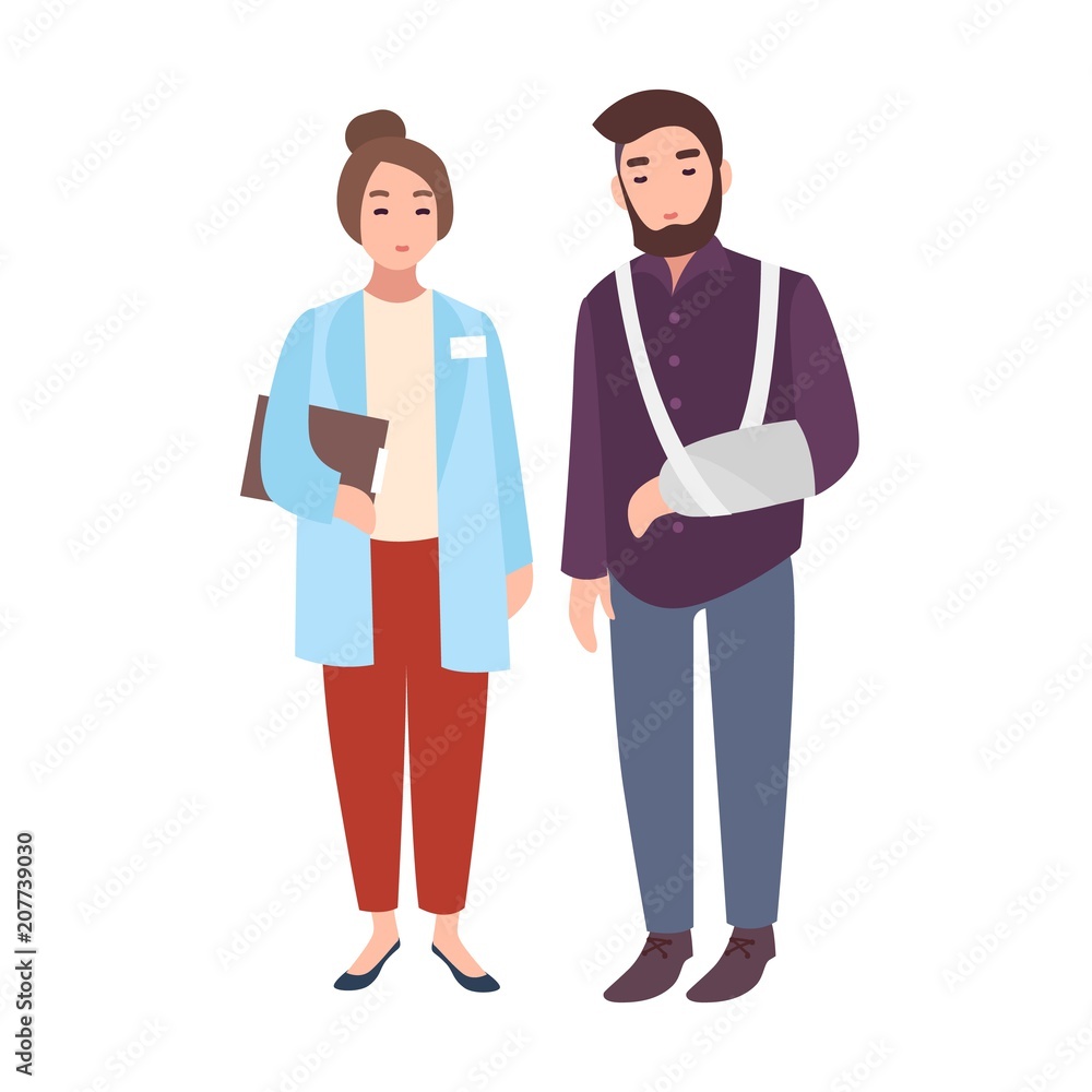 Female doctor or medical adviser and patient with broken arm standing together isolated on white background. Man with orthopedic cast at clinic or hospital. Cartoon vector illustration in flat style. Female doctor or medical adviser and patient with broken arm standing together isolated on white background. Man with orthopedic cast at clinic or hospital. Cartoon vector illustration in flat style.