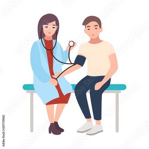 Female doctor or medical adviser sits hospital bench and measures blood pressure of male patient isolated on white background. Man at cardiology clinic. Cartoon vector illustration in flat style.