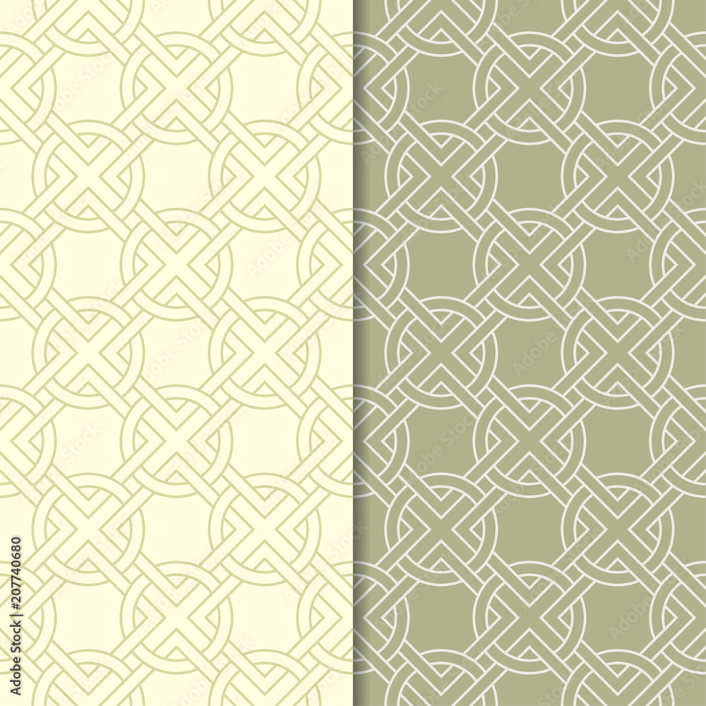 Olive green set of seamless geometric patterns