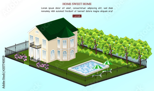 Big house Vector. White house classic style with pool outdoors
