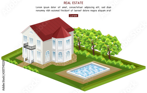 Real estate house with pool isolated Vector. architecture 3d illustrations