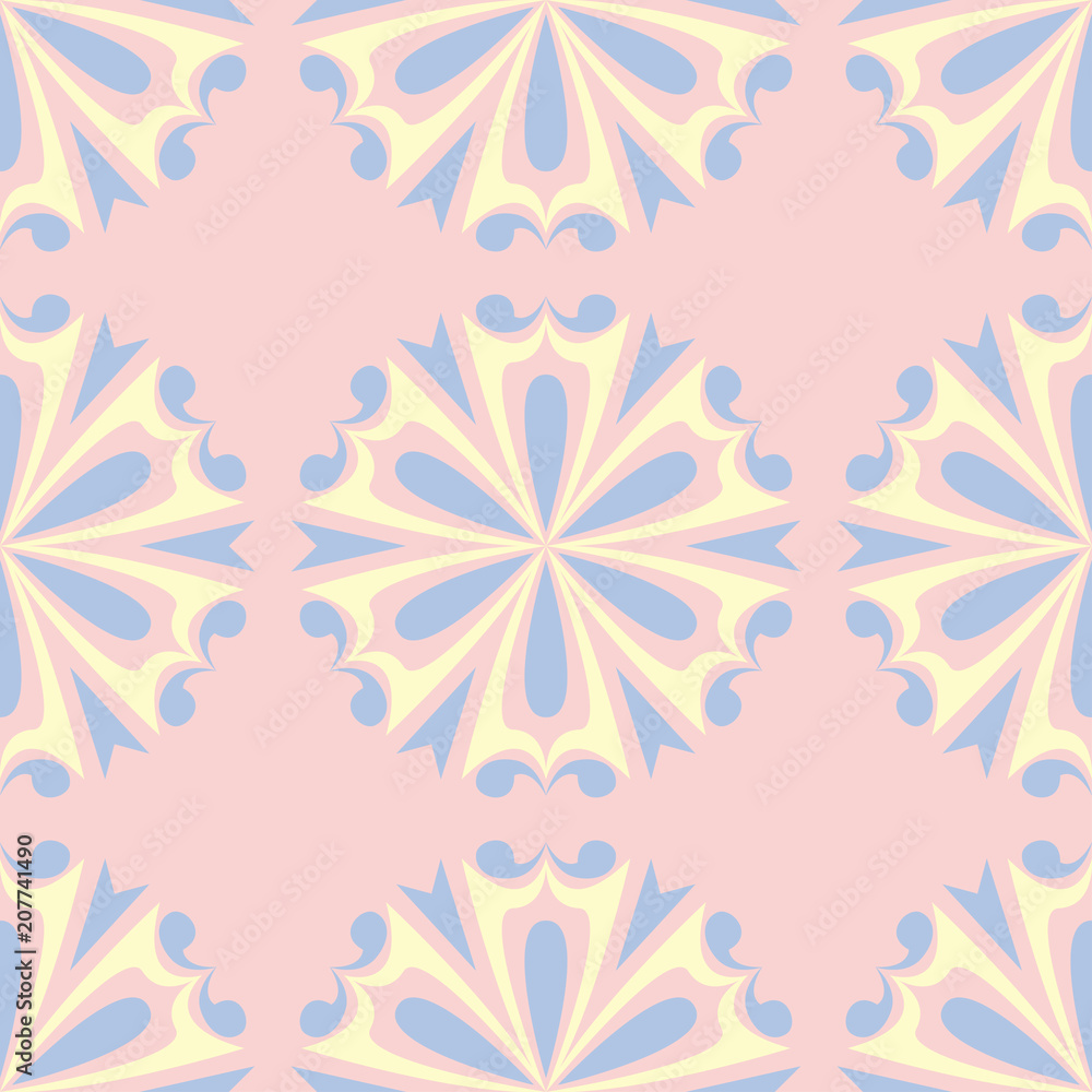 Pink floral seamless pattern with light blue and yellow flower elements
