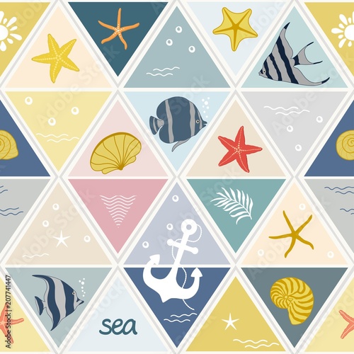 Geometric seamless pattern with sea cartoon creatures