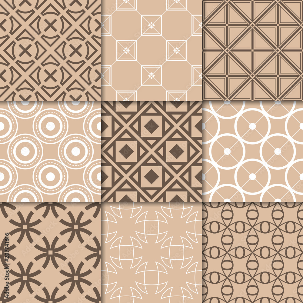 Brown beige geometric ornaments. Collection of seamless patterns Brown beige geometric ornaments. Collection of seamless patterns