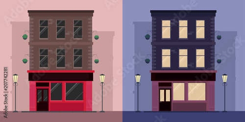 Set of flat illustrations by  Irish pub day and night. Vector illustration for your creativity.